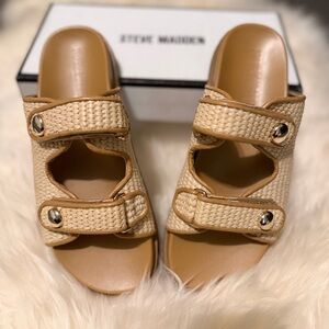 Steve Madden Tan Woven Double-Strap Slide Mules- brand new